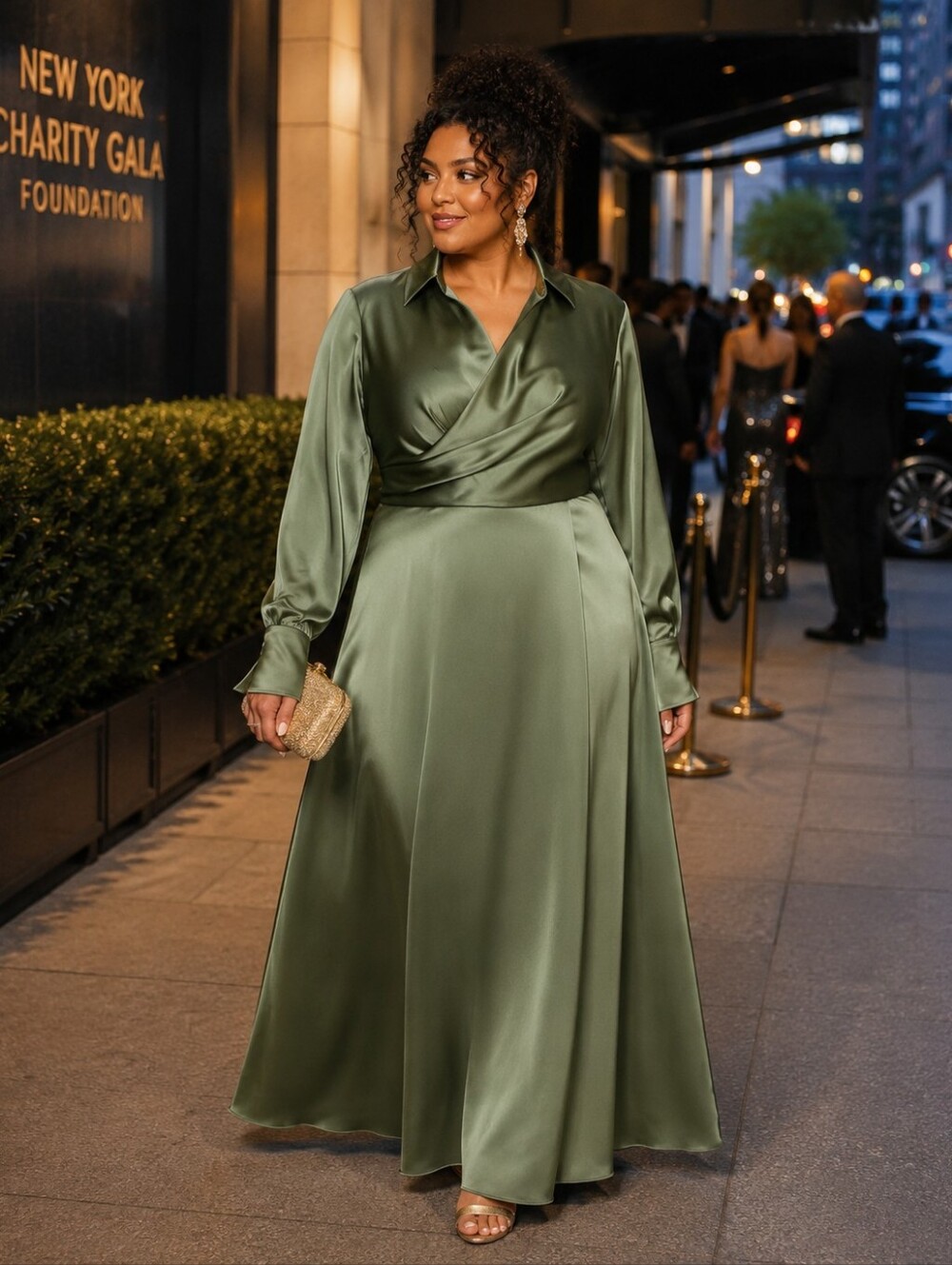 XSCAPE NWT Olive Satin Collared A-Line Maxi Gown 18W Formal Event Dress